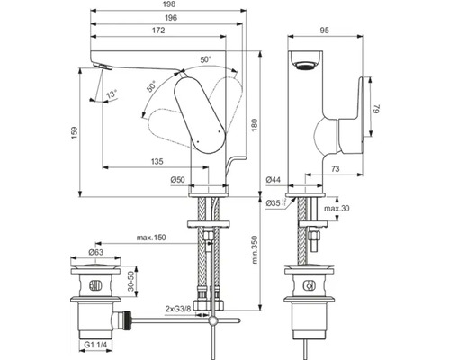 Dessin coté d''un robinet avec dimensions