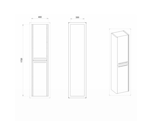 Schéma technique d''une armoire haute de salle de bain avec les dimensions 400 x 330 x 1720 mm.