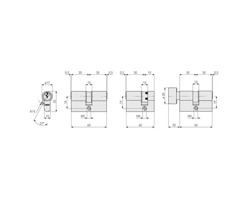 Technische Zeichnung eines Türschlosszylinders mit Maßangaben