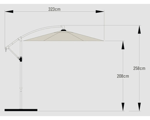 Dessin technique d'un parasol avec les dimensions de 323 cm de largeur et 258 cm de hauteur
