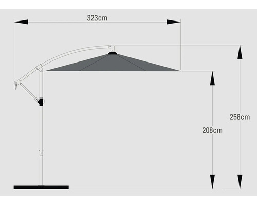 Parasol déporté Dimensions : 323 cm de largeur, 258 cm de hauteur, 208 cm de hauteur jusqu'au toit du parasol