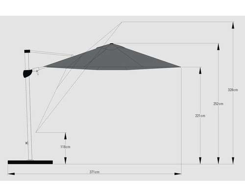 Dimensions d'un parasol déporté avec indications en centimètres