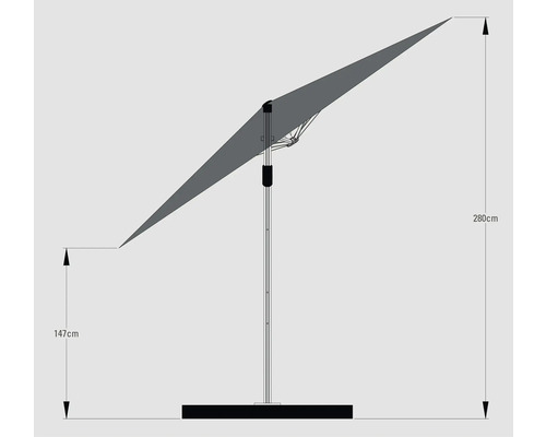 Schéma d'un parasol avec indication de hauteur 280 cm et 147 cm