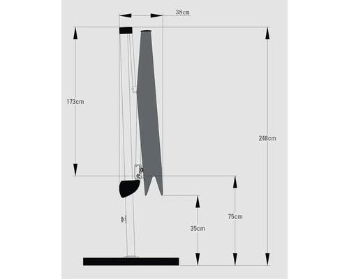 Technische Zeichnung eines Sonnenschirms mit Größenangaben