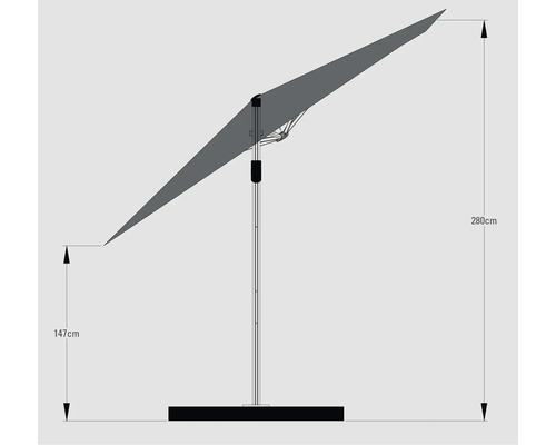 Abbildung eines Sonnenschirms mit Seitenmast und den Maßen 147 cm und 280 cm.