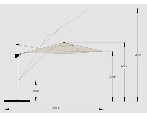 Plan coté d''un parasol à mât latéral, dimensions en centimètres