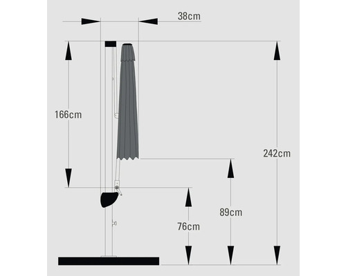 Dessin technique d''un parasol avec indication de la hauteur et de la largeur.