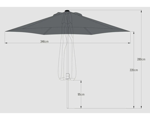Technische Zeichnung eines Sonnenschirms mit Maßangaben.