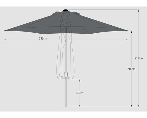 Schéma technique d'un parasol avec les dimensions suivantes : 398 cm de largeur, 276 cm de hauteur, 218 cm de hauteur jusqu'au toit du parasol et 69 cm de hauteur du pied.
