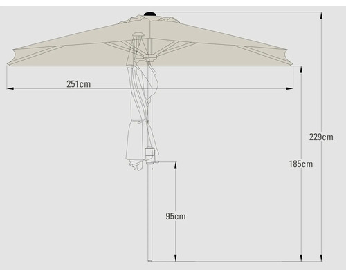Schéma technique d'un parasol avec dimensions
