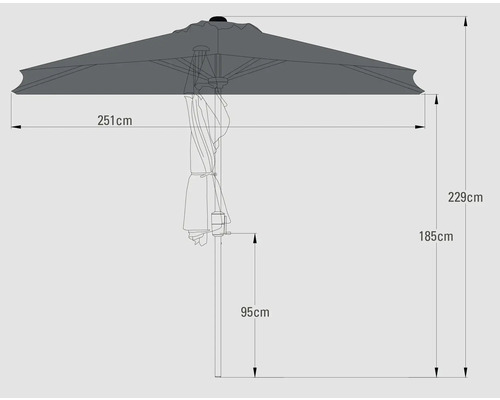Abmessungen eines Sonnenschirms: 251 cm breit, 229 cm hoch, 185 cm Höhe bis zum Schirm, 95 cm Höhe der Stange.