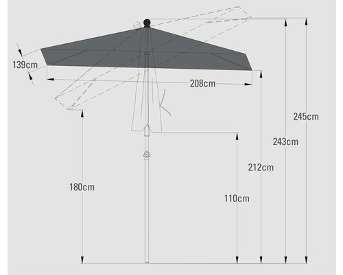 Schéma technique d'un parasol avec dimensions