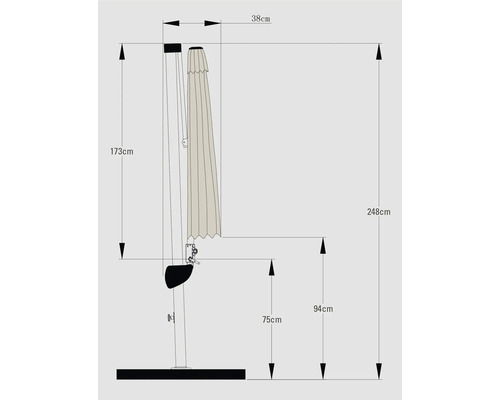 Technische Zeichnung eines Sonnenschirms mit Höhen- und Breitenangaben in Zentimetern.