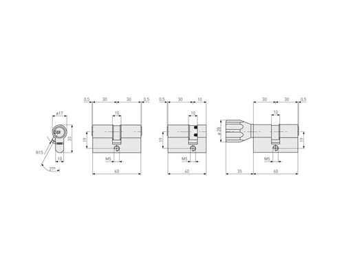 Schéma technique d''un cylindre de serrure avec dimensions