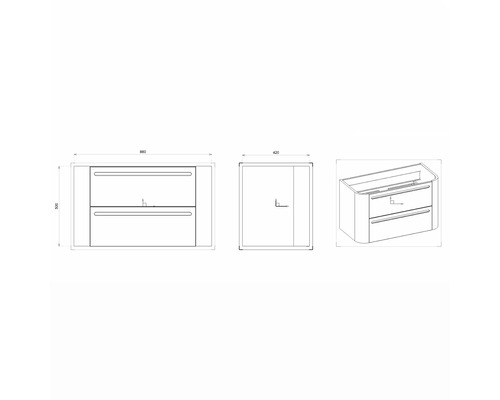 Dessin technique d''un meuble sous-lavabo avec tiroirs et indications de dimensions.