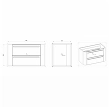 Dessin technique d''un meuble sous-vasque avec deux tiroirs et indications de dimensions