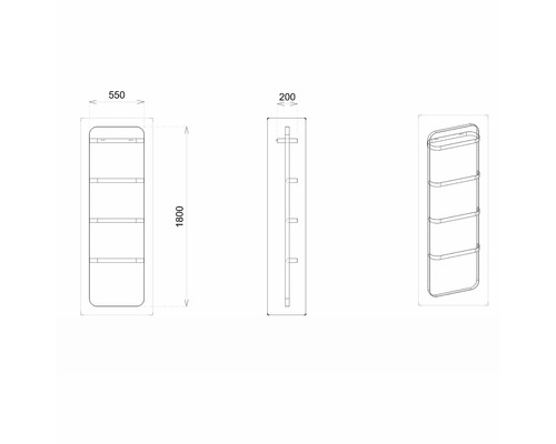 Technische Zeichnung eines Wandregals mit vier Ablagen und Maßangaben
