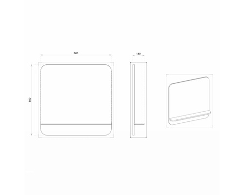 Dessin technique d''un miroir avec étagère et les dimensions 860 x 860 x 140 mm.