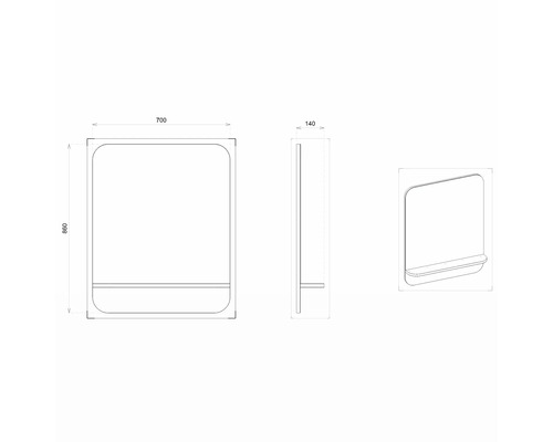 Dessin technique d''une armoire de toilette avec étagère, dimensions 700 x 860 x 140 millimètres