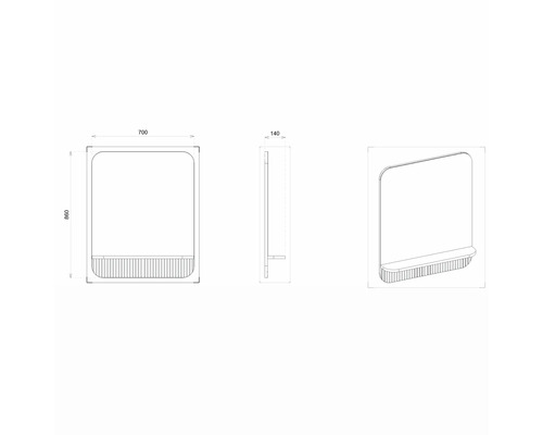 Schéma technique d''un miroir avec tablette et dimensions de 700 x 860 x 140 millimètres.