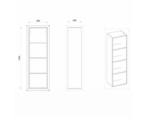 Dessin technique d''une étagère aux dimensions de 1245 x 380 x 280 millimètres.