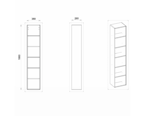 Schéma technique d''une étagère avec cinq compartiments, dimensions : 1 860 x 380 x 280 millimètres.