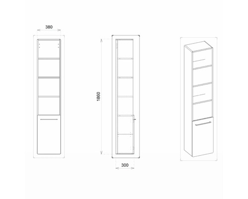 Dessin technique d''une armoire haute avec étagères et porte, dimensions 1860 x 380 x 300 millimètres.