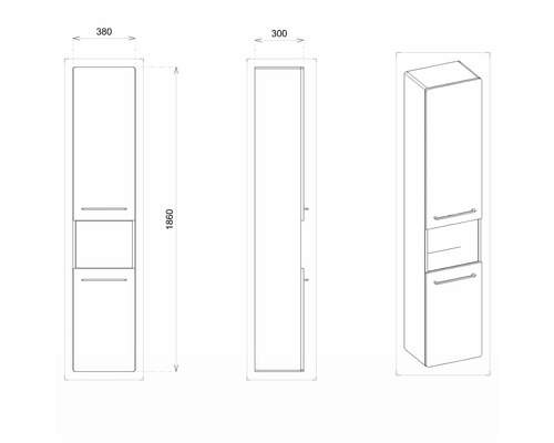Dessin d''une armoire haute de salle de bains avec dimensions.