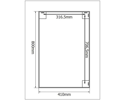 Dessin technique avec les dimensions d''un produit rectangulaire : 800 mm de hauteur, 410 mm de largeur, dimensions internes de 316,5 mm et 706,5 mm.