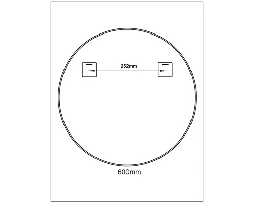 Schéma technique d''un miroir rond de 600 mm de diamètre avec un écartement de 252 mm entre les fixations.