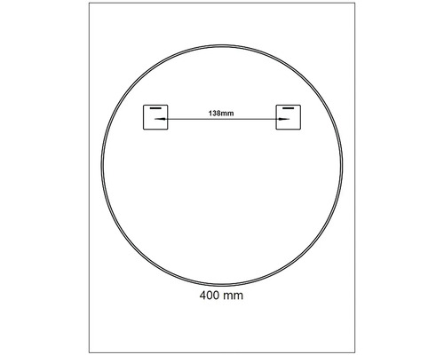 Zeichnung eines runden Spiegels mit den Maßen 400 Millimeter Durchmesser und 138 Millimeter Abstand zwischen den Aufhängungen