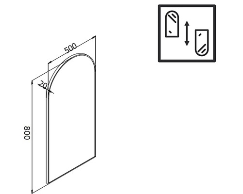Zeichnung eines Spiegels mit den Maßen 800 x 500 mm und einem variablen Aufhängesymbol