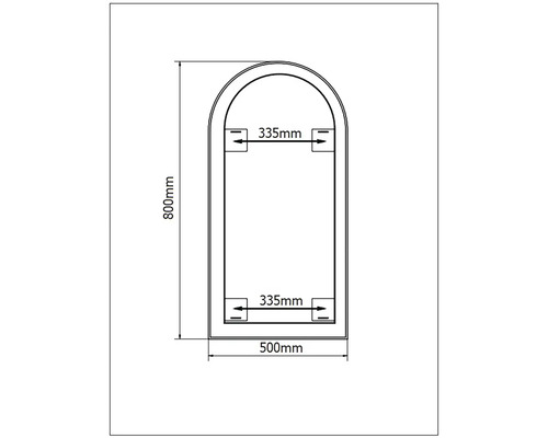 Technische Zeichnung eines Spiegels mit Abmessungen: Höhe 800 mm, Breite 500 mm, Abstand der Aufhängung 335 mm