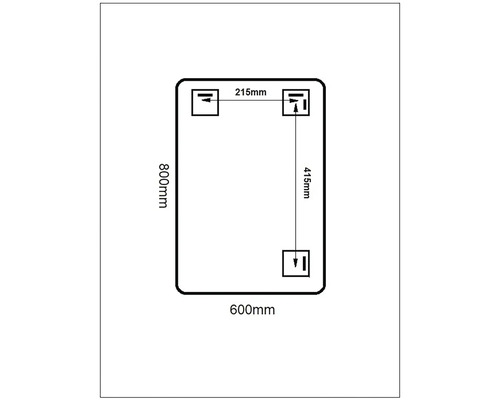 Technische Zeichnung eines rechteckigen Spiegels mit abgerundeten Ecken und den Maßen 800 mal 600 Millimeter, inklusive der Aufhängepunkte mit den Maßen 215 und 415 Millimeter.