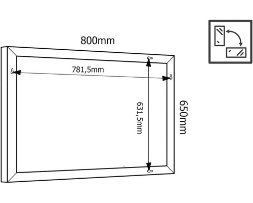 Dessin technique d''un miroir avec des dimensions de 800 mm de large et 650 mm de haut