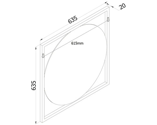 Technische Zeichnung eines quadratischen Spiegels mit den Maßen 635 x 635 Millimeter und einem Durchmesser von 615 Millimeter