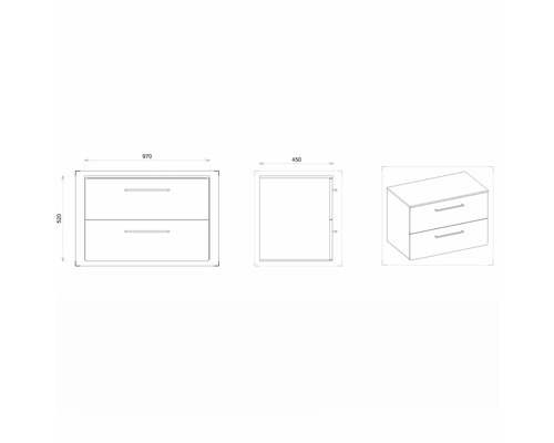 Dessin technique d''un meuble sous-lavabo avec deux tiroirs et indications de dimensions