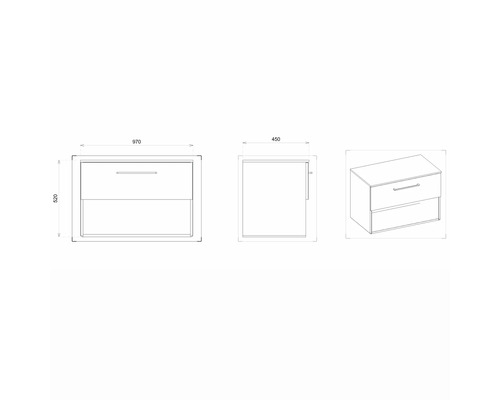 Zeichnung eines Waschtischunterschranks mit Maßangaben