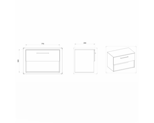 Schéma technique d''un meuble sous-vasque avec tiroirs et indications de dimensions