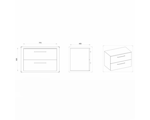 Dessin technique d''un meuble sous-vasque de salle de bains avec deux tiroirs et indications de dimensions.