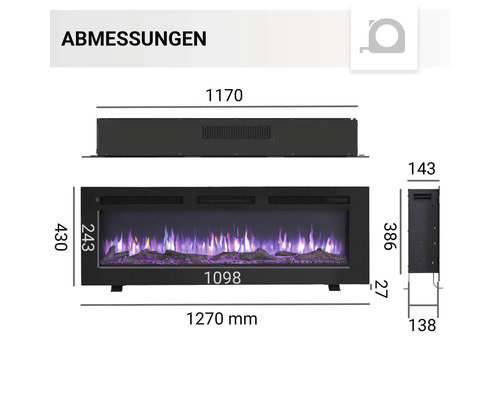 Abbildung mit Maßangaben für einen Elektrokamin