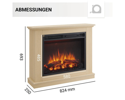 Abmessungen des elektrischen Kamins mit Holzrahmen