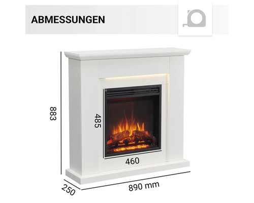Abmessungen eines weißen Elektrokamins