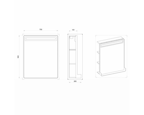 Schéma technique d''une armoire de toilette avec étagère et dimensions.