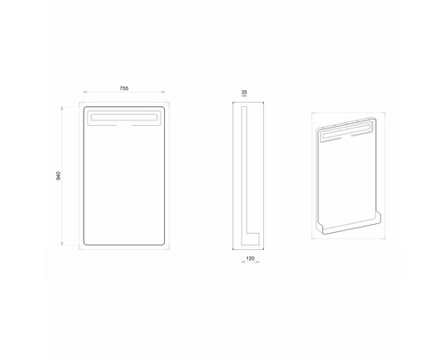 Dessin technique d''un miroir avec éclairage et indications de dimensions.