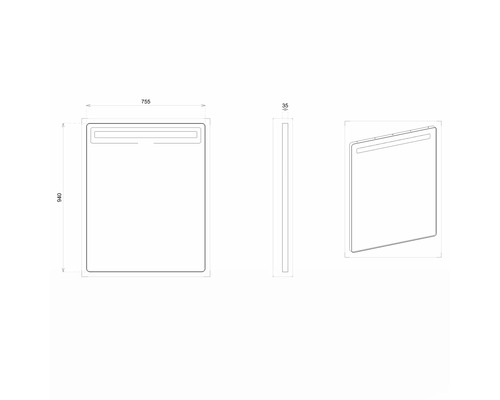 Schéma technique d''un miroir mesurant 755 x 940 x 35 millimètres.
