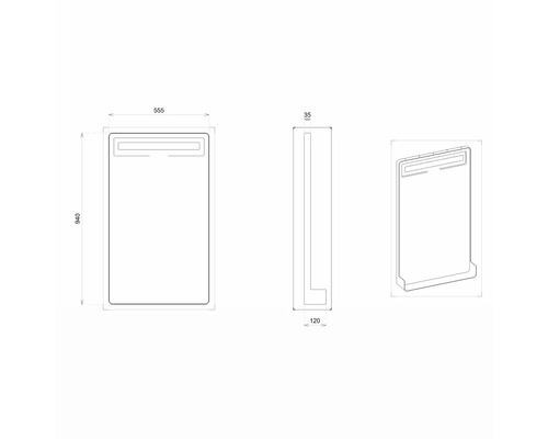 Schéma technique d''un miroir de salle de bains avec éclairage LED et dimensions 940 x 555 x 35 mm