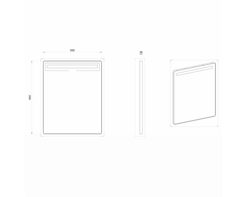 Schéma technique d''un miroir mesurant 555 x 940 x 35 millimètres.