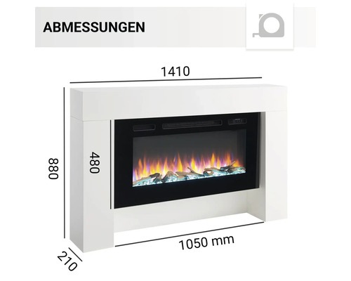 Abmessungen eines Elektrokamins in Weiß mit den Maßen 1410 x 880 x 210 mm