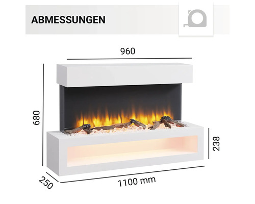 Dimensions d''une cheminée électrique avec flammes simulées et éléments décoratifs